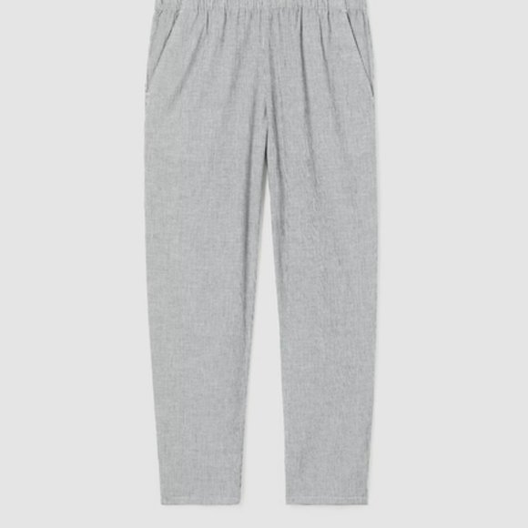Eillen Fisher Black/Soft White Organic Cotton Linen Ticking Stripe Tapered Pant - Picture 3 of 6